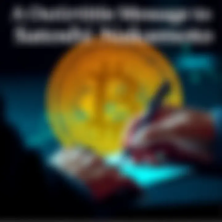 A person writing a letter with a Bitcoin symbol in the background, symbolizing communication with the creator of cryptocurrency