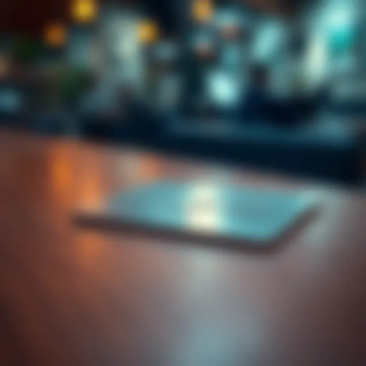 A close-up view of a metal credit card resting on a wooden table, showcasing its shiny surface and design.