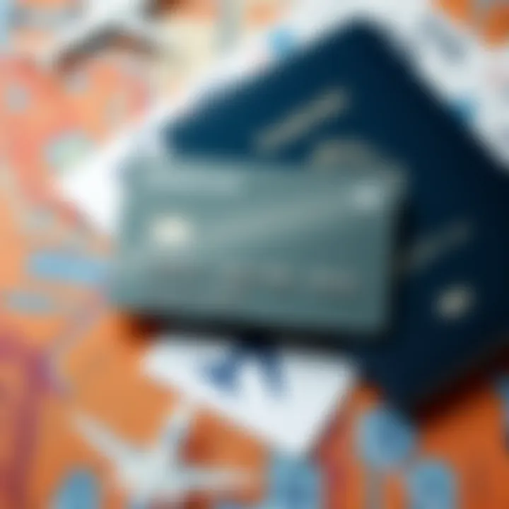A sleek metal credit card placed on a travel-themed background featuring a passport and airplane tickets