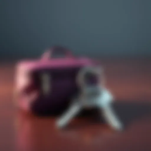 A metal key placed next to a small travel bag, illustrating safe transport during a move across the U.S.