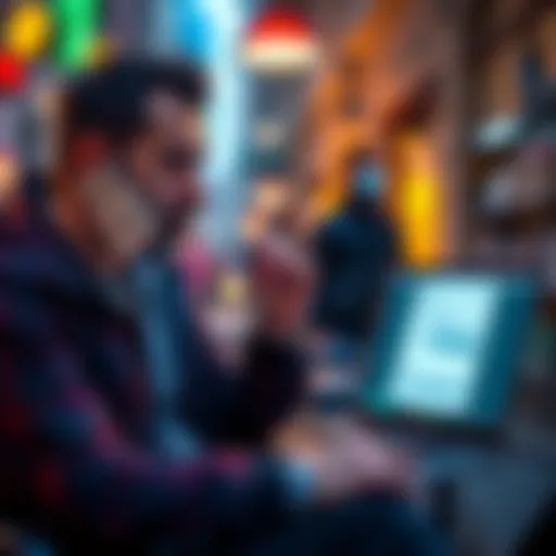 An American in Spain frustrated with a metal subscription account on the phone, showcasing a laptop with customer support chat on the screen.