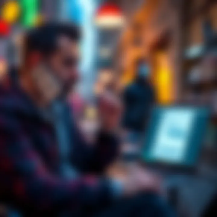 An American in Spain frustrated with a metal subscription account on the phone, showcasing a laptop with customer support chat on the screen.