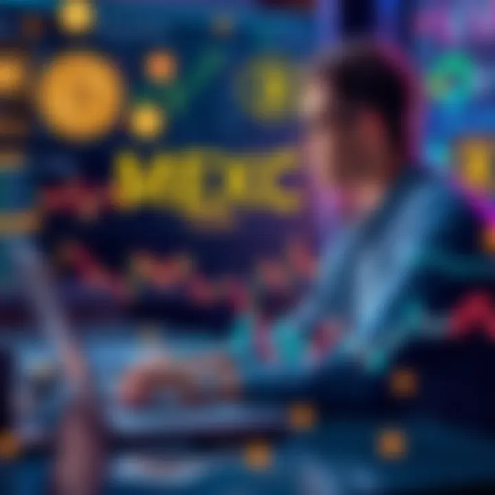 A person analyzing MEXC crypto exchange on a laptop, surrounded by cryptocurrency symbols and charts, reflecting user opinions and safety insights.