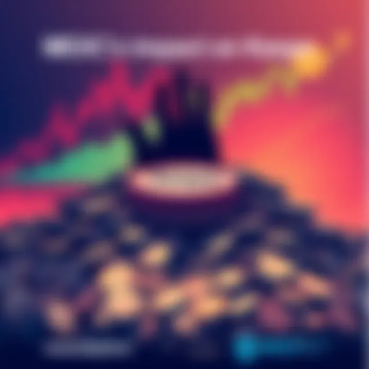 An illustration showing a large pile of coins labeled Kaspa with a shadow of a hand, representing MEXC's significant holdings. The background displays market trends and graphs indicating price stabili...