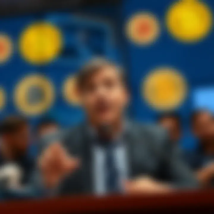 Michael Burry speaking about Bitcoin's value at a news conference, with Bitcoin logos in the background