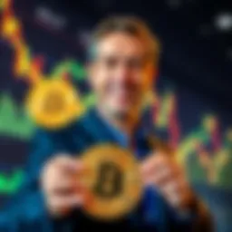 Michael Saylor holding Bitcoin coins with a graph showing market trends in the background