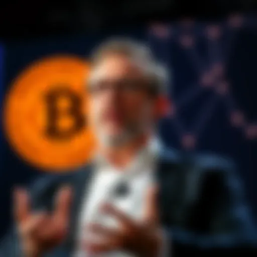 Michael Saylor speaking at a conference with a Bitcoin logo in the background