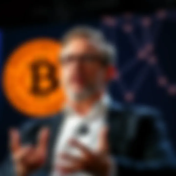 Michael Saylor speaking at a conference with a Bitcoin logo in the background