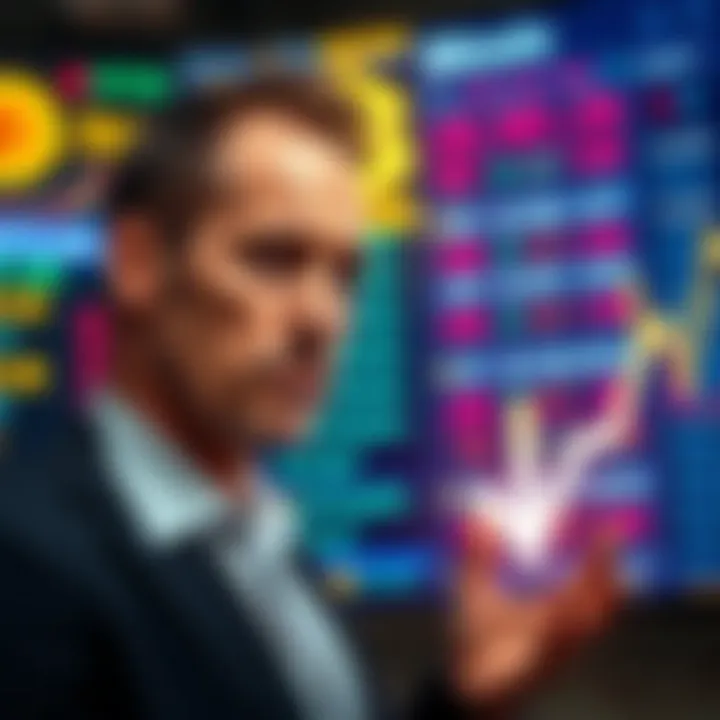 Michael Saylor in front of a digital screen showing Bitcoin prices, looking concerned after selling 32 BTC, with a downward arrow representing market uncertainty.