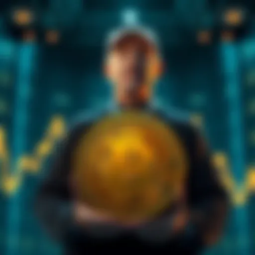 Michael Saylor stands with a Bitcoin symbol and a chart showing a decline, representing his recent Bitcoin sale for $225 million.