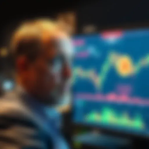 Michael Saylor looking concerned while observing a falling Bitcoin chart on a screen