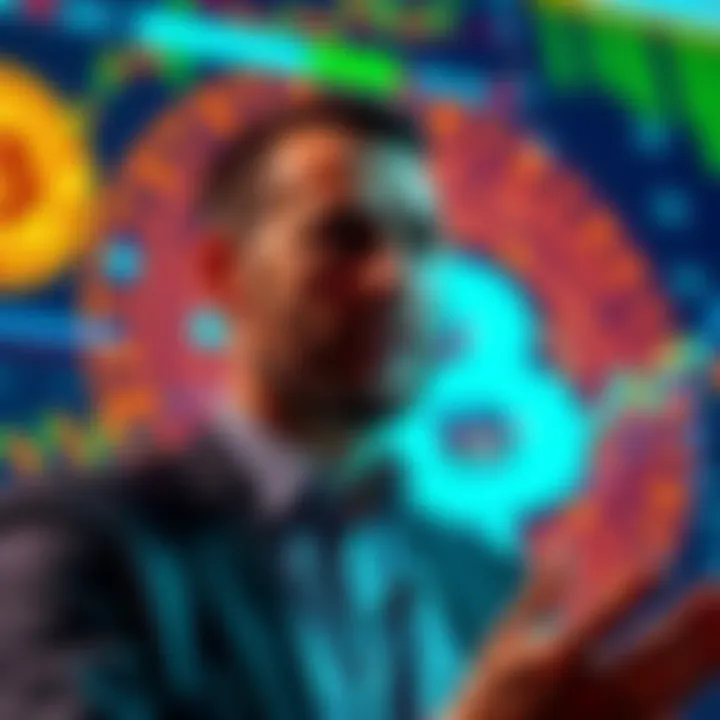 Michael Saylor speaking with Bitcoin graphics in the background, showcasing his influence in the cryptocurrency world.