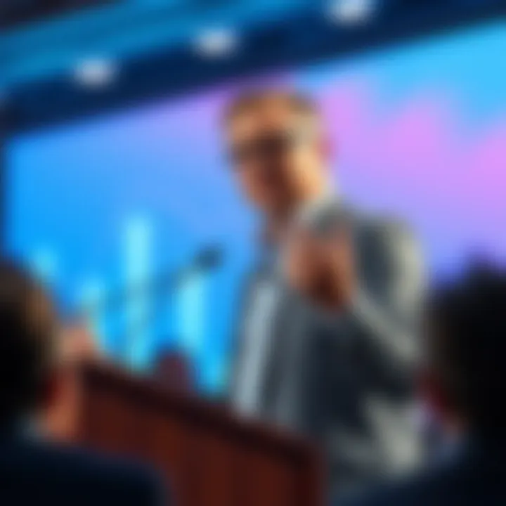 Michael Saylor presenting his ideas on finance and technology at a podium during a conference.