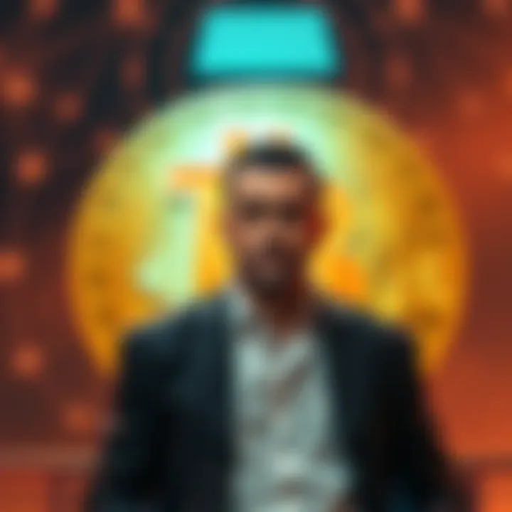 Michael Saylor standing in front of a Bitcoin logo, looking concerned after selling his Bitcoin holdings