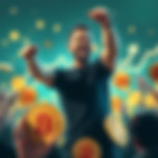 Michael Saylor celebrating his Bitcoin purchase with visual graphics showing Bitcoin coins and upward trends in the market.