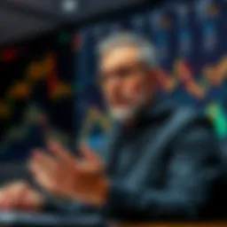 Michael Saylor in a conference setting talking about the potential sale of Bitcoin and financial strategies, with charts and graphs in the background.