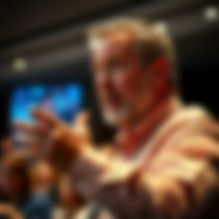 Michael Saylor addressing an audience with a serious expression, highlighting concerns over MSTR's business model