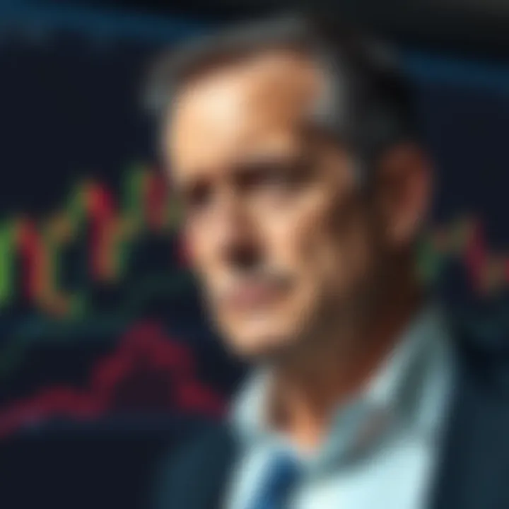 Michael Saylor looking worried in front of falling stock charts, symbolizing financial difficulties