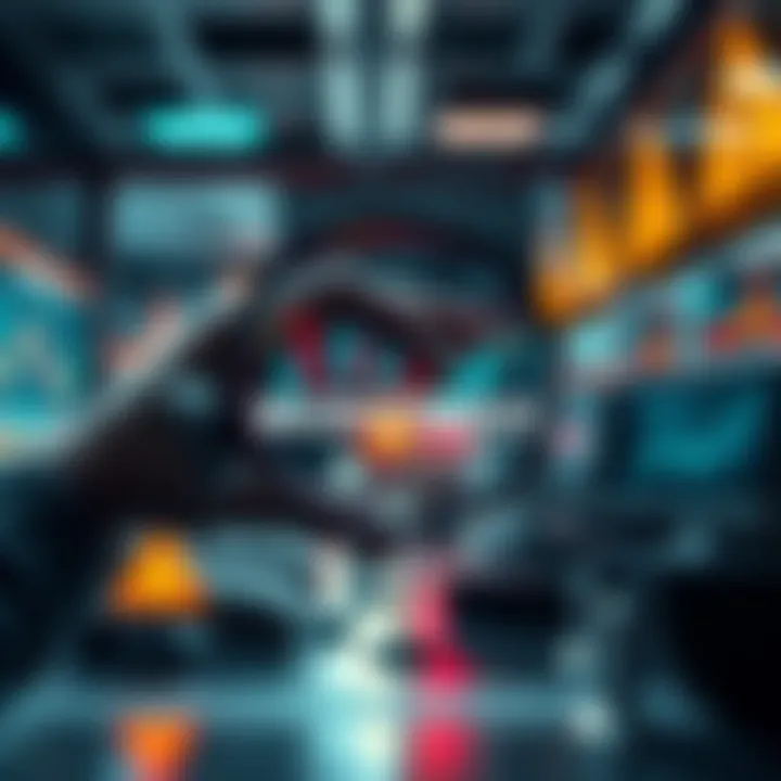 A depiction of MICROSTRATEGY under scrutiny, illustrating financial charts and warning signs.