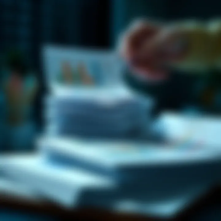 A person analyzing a stack of Midtjylland investment documents with charts and graphs