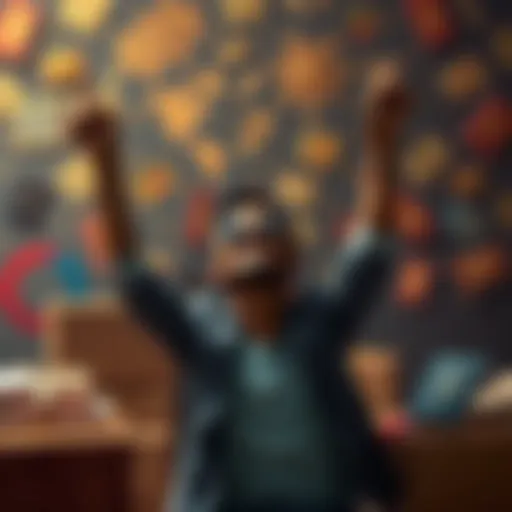 A person celebrating reaching a savings goal, with a backdrop of passports and packages, symbolizing future purchases.