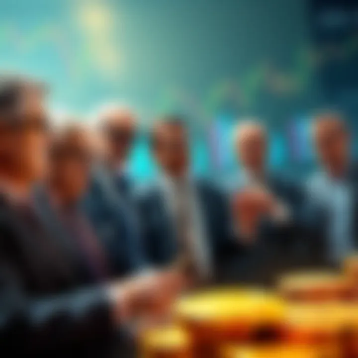 Group of wealthy individuals discussing Bitcoin investment with charts and graphs in the background