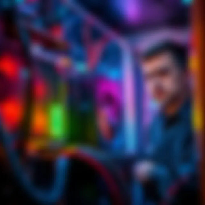 A mining rig with lights off, indicating it is not functioning. The setup includes cables and hardware, with a worried owner in the background looking at it.