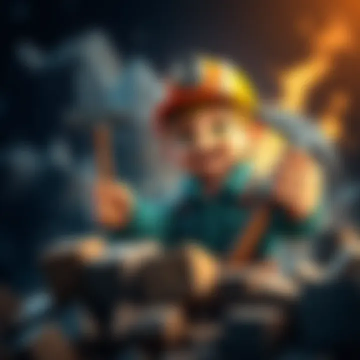 A small miner smiling and holding a pickaxe next to a display of found blocks, celebrating his achievement in mining.