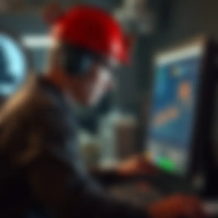 Miner looking at a computer screen A miner gazes at their computer screen, showing a steep decline in balance, reflecting disappointment and loss after years of effort.