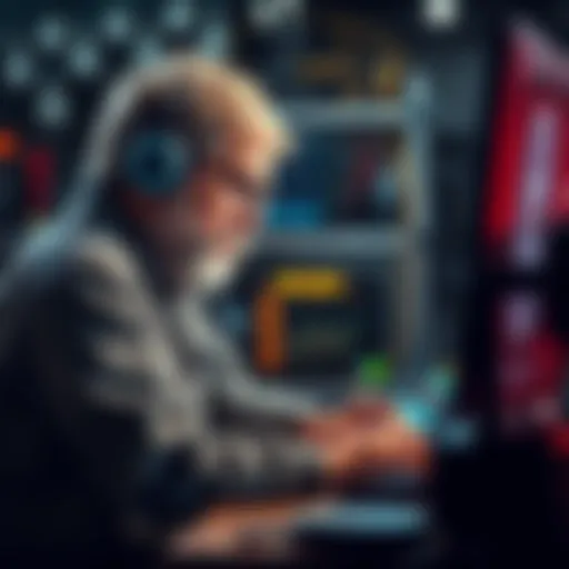 An experienced miner working at a computer, focused on mining activities in a well-equipped setup, showing dedication to the upcoming mainnet launch.