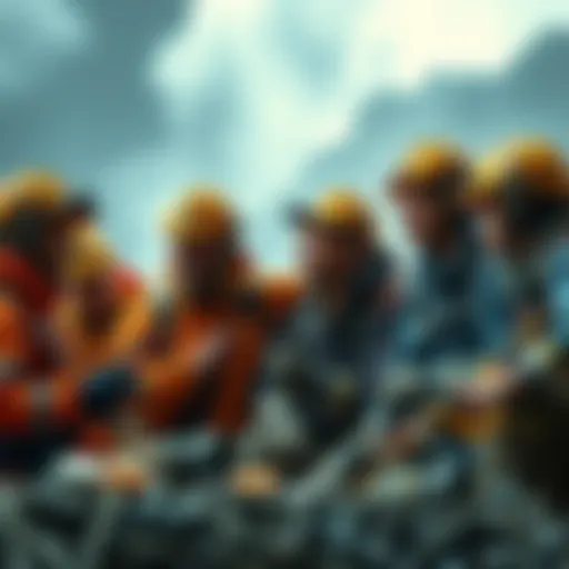 A group of miners collaborating on a mining project, brainstorming ideas, and sharing tools.