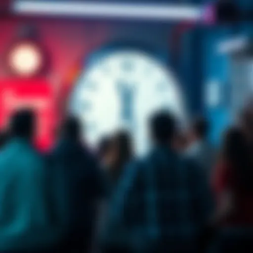 People participating in a minigame group discussion about Daylight Savings changes, with a clock in the background.