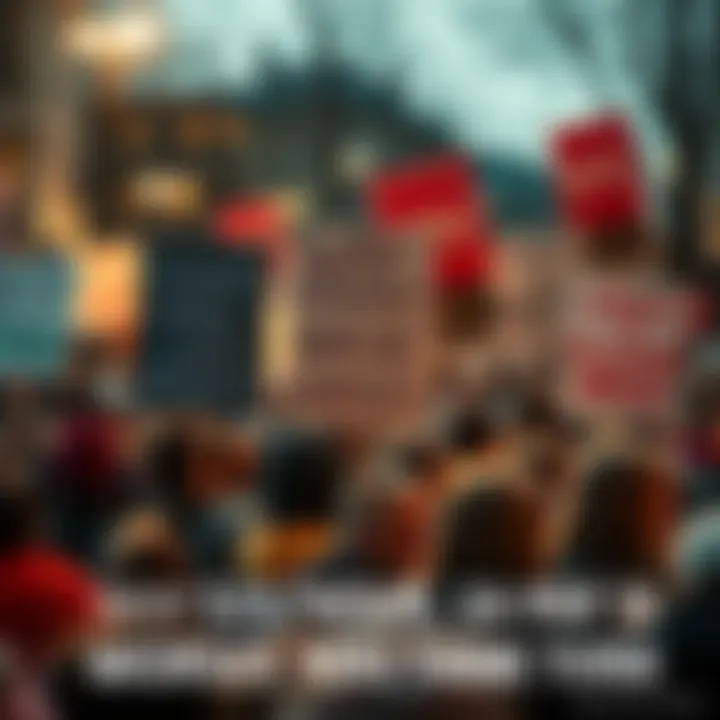 Group of people holding signs protesting for higher wages at a rally