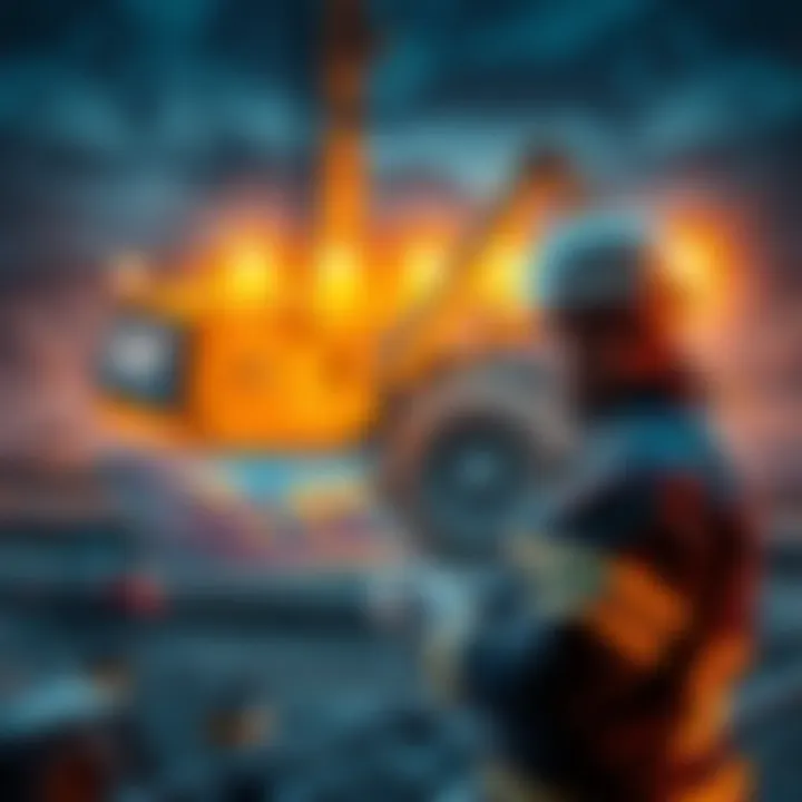 A miner looking at a digital map of mining sites, with machinery in the background