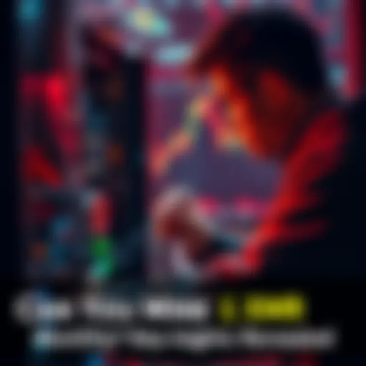 A person examining mining hardware with charts showing cryptocurrency trends in the background.