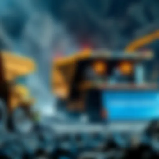 Heavy machinery and workers at a mining site with rocks and minerals visible