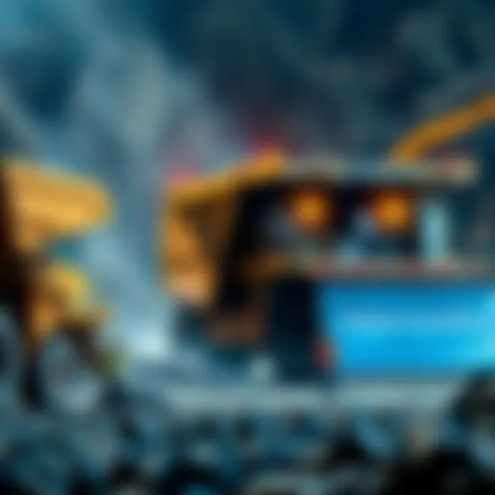 Heavy machinery and workers at a mining site with rocks and minerals visible