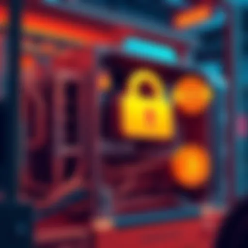 Illustration showing a mining rig with locked rewards and KYC compliance symbols, representing the issues around unavailable balances until 2027.