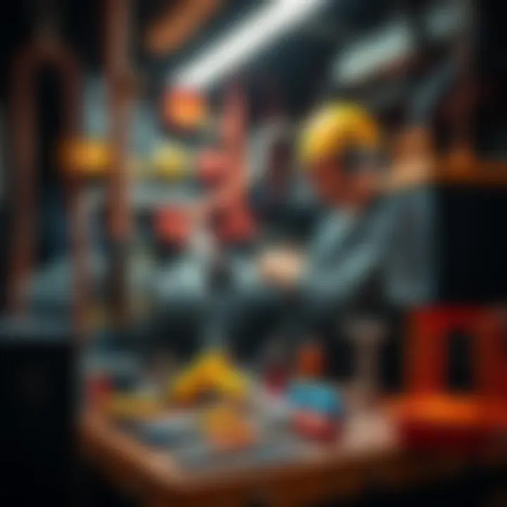 A beginner miner setting up equipment, showing tools and machinery involved in mining, with a focus on maintenance aspects.
