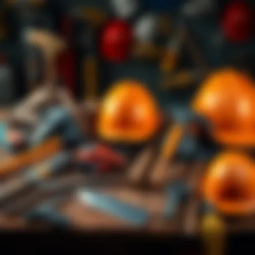 A collection of mining tools on a wooden table, showing pickaxes, helmets, and safety gear, symbolizing the mining journey.