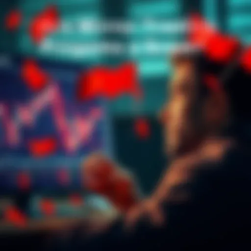 Graphic showing a person looking at trading charts with a worried expression, with red flags and dollar signs around them, representing potential scams in mirror trading programs.