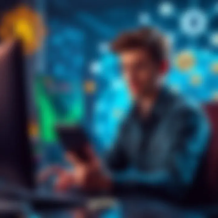 A person looking worried while checking their cryptocurrency wallet on a computer, with visuals of BSC and ETH networks around them.