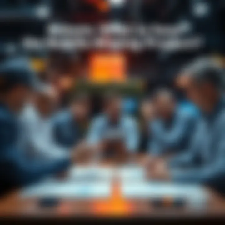 A group of people discussing the future of a mobile mining project with charts on a table.