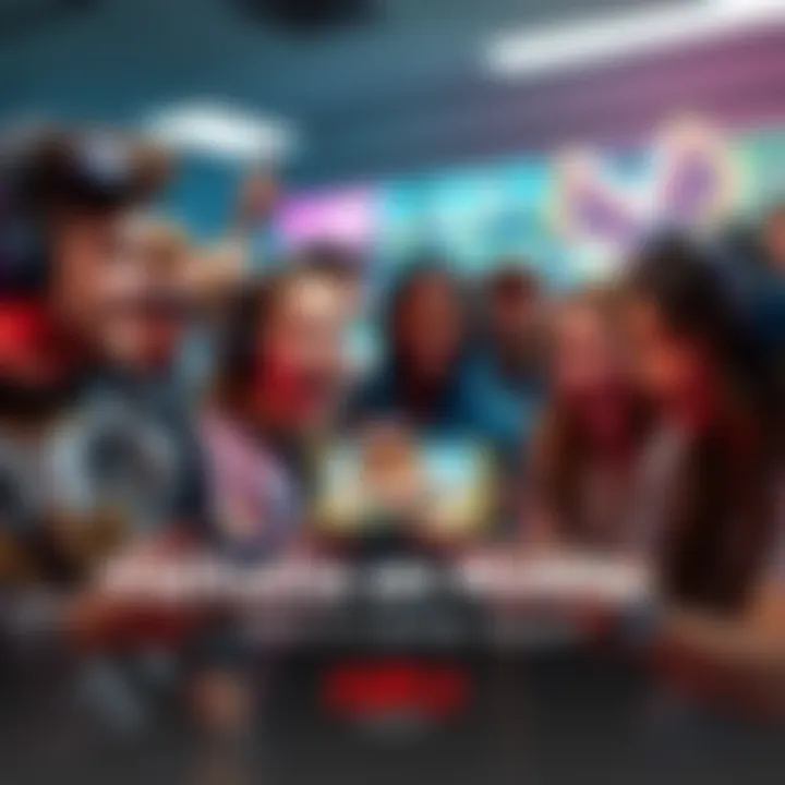 A group of diverse gamers excitedly discussing a mobile game, showcasing Valhalla characters on their phones