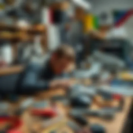 A person repairing and customizing model kits on a workspace with tools and parts scattered around.