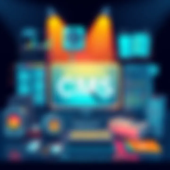 A digital illustration showing key features of a modern content management system, including workflow diagrams and scheduling tools.