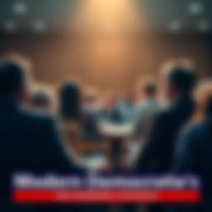 A group of diverse people engaging in a town hall meeting, discussing democratic values and future governance.