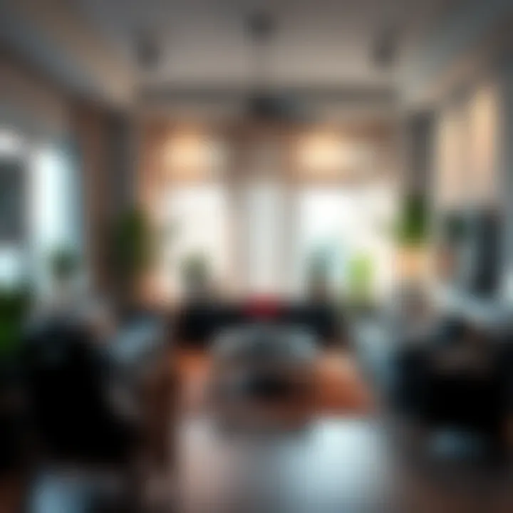 A stylish living room showcasing modern decor and elements reflecting honse culture, with plants and cozy furniture.