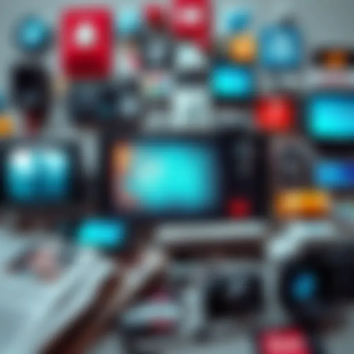 A collage of various media symbols like TV, social media icons, and newspapers representing recurring trends in media.