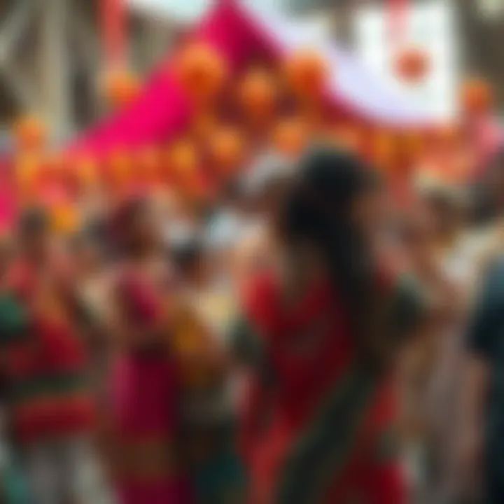 A gathering of diverse people celebrating cultural traditions with music and dance in a lively community setting.